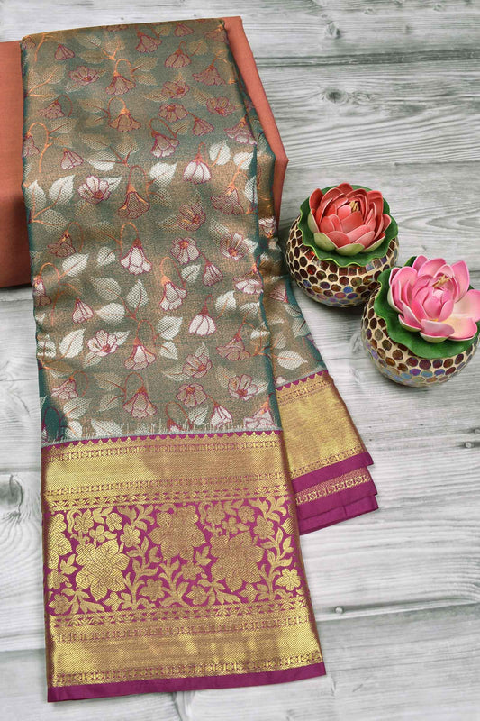 Green Semi Silk Floral Design Contrast Border Bridal Tissue Saree