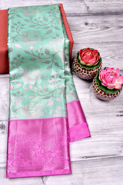 Mint Green Semi Silk All over Design Contrast Pink Border Bridal Tissue Saree