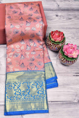 Baby Pink Semi Silk Fancy Design Contrast Blue Border Bridal Tissue Saree