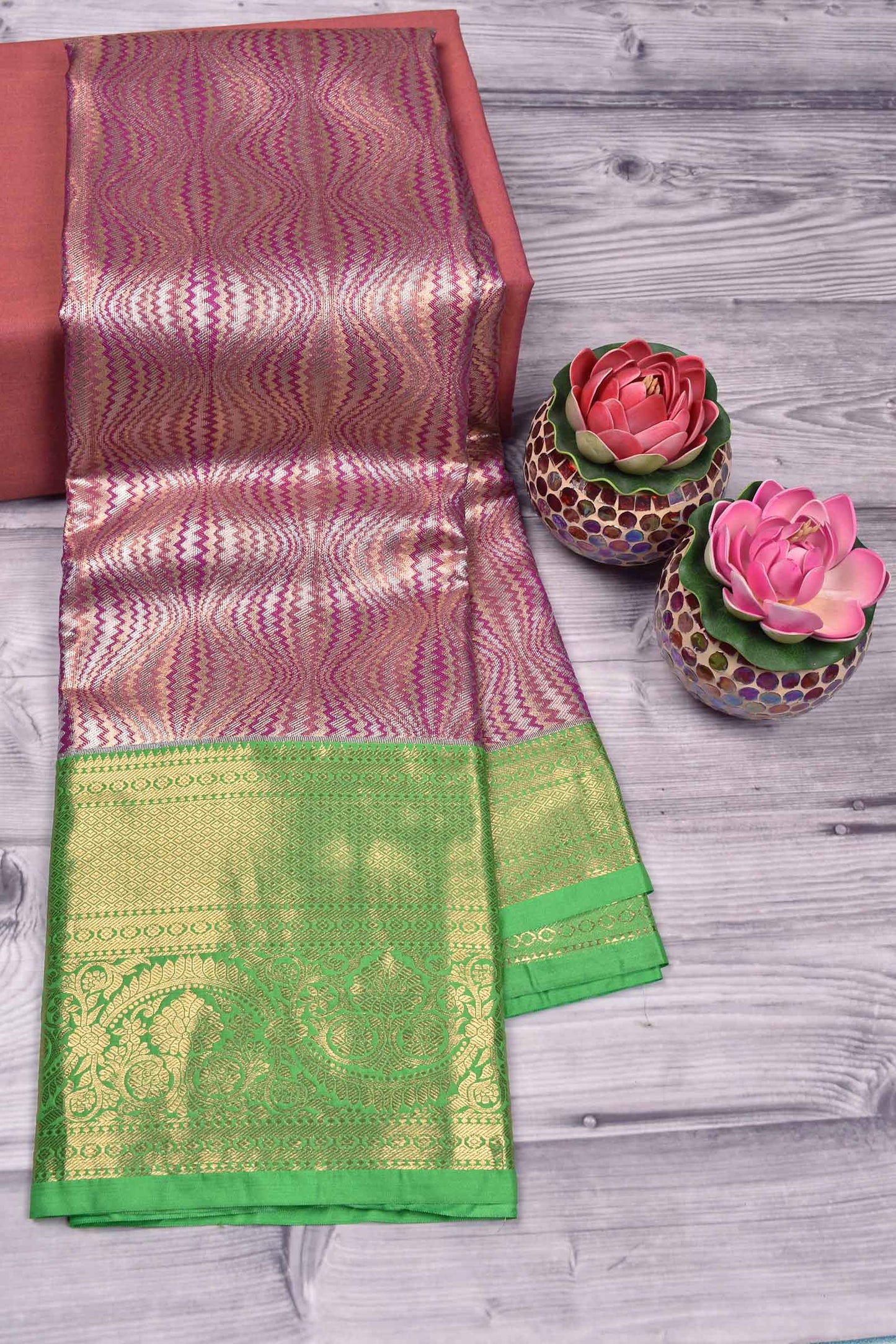 Maroon Semi Silk Fancy Curves Design Contrast Green Border Bridal Tissue Saree