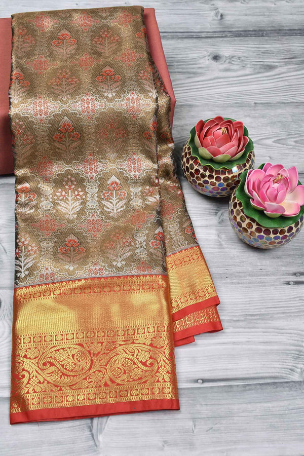 Leaf Brown Semi Silk All Over Leaf Design Contrast Paisely Border Bridal Tissue Saree