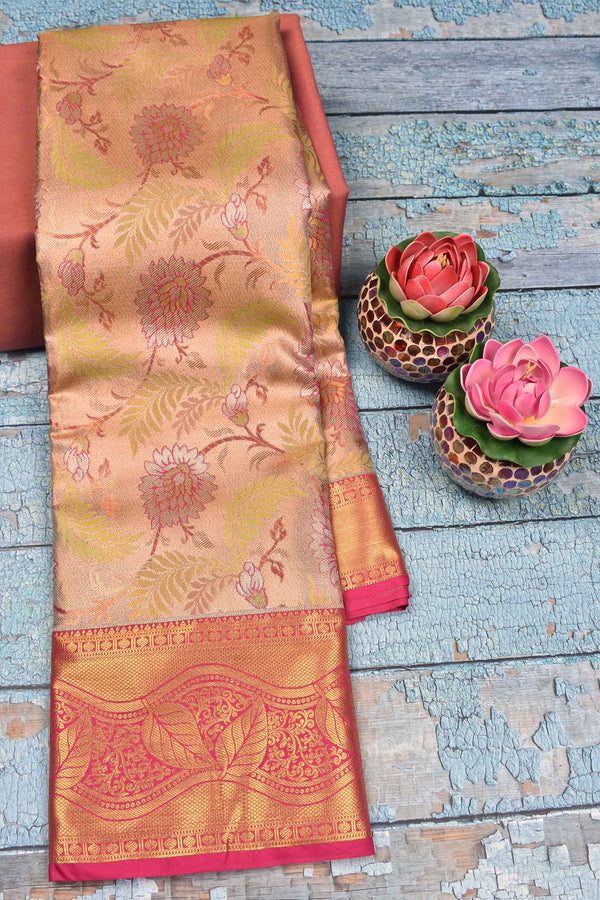 Golden Semi Silk All Over Floral Jacquard Contrast Red Border Bridal Tissue Saree