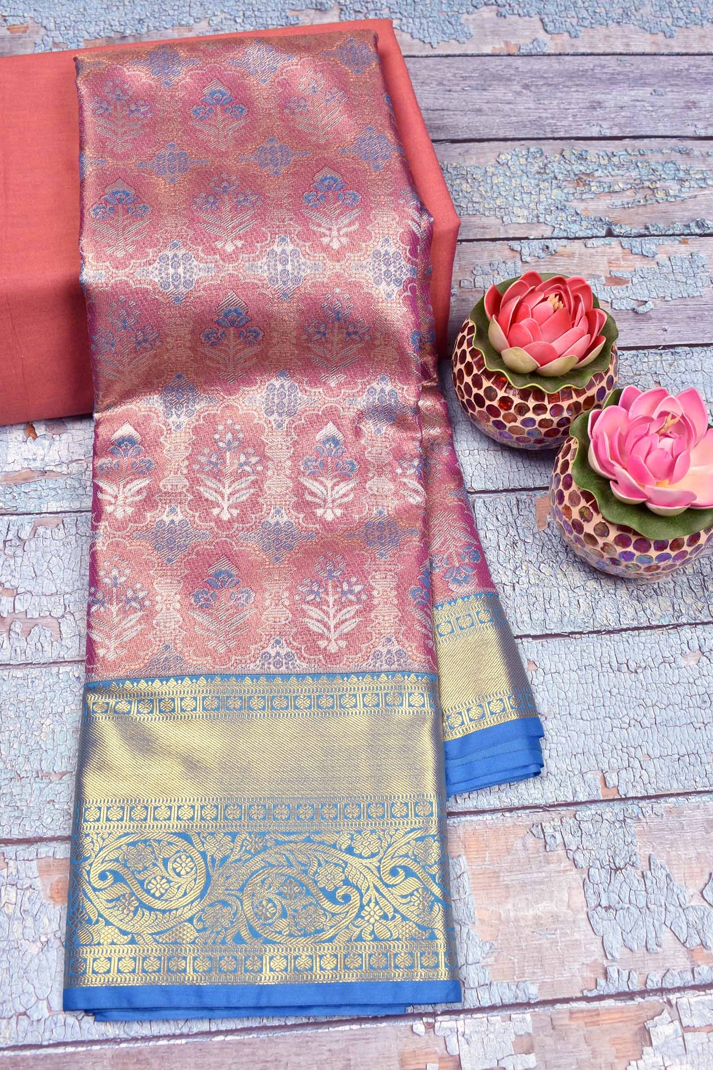 Light Pink Semi Silk All Over Jacquard Contrast Blue Paisely Border Bridal Tissue Saree