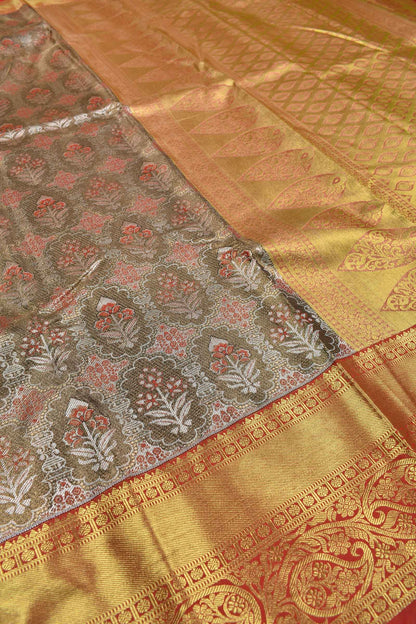 Leaf Brown Semi Silk All Over Leaf Design Contrast Paisely Border Bridal Tissue Saree