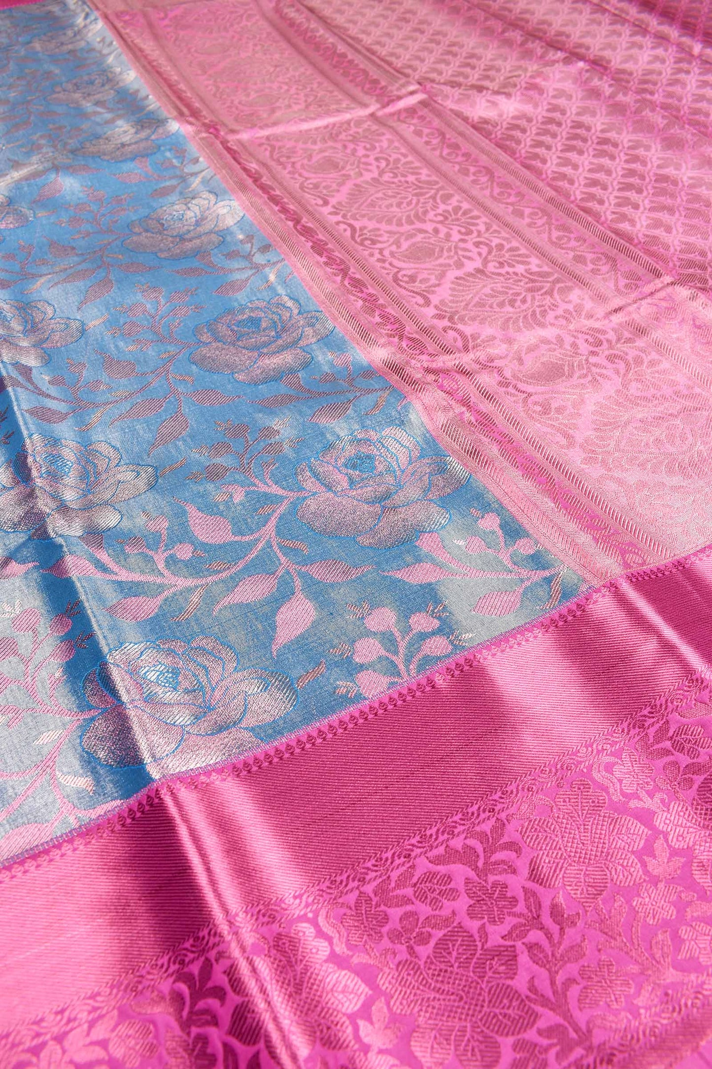 Sky Blue Semi Silk Rose Jacquard Contrast Pink Border Bridal Tissue Saree