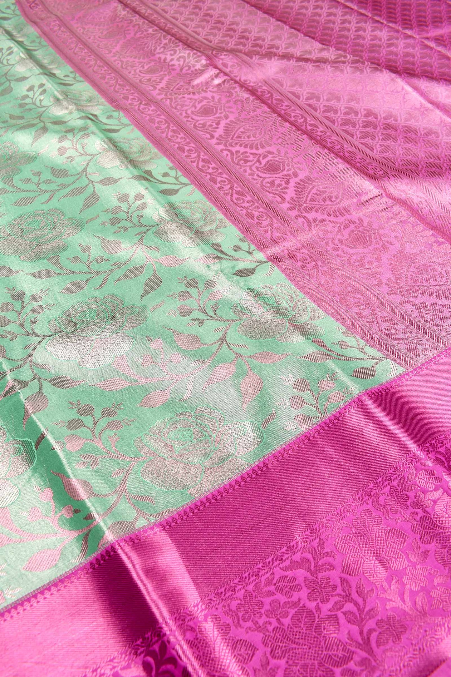 Mint Green Semi Silk All over Design Contrast Pink Border Bridal Tissue Saree