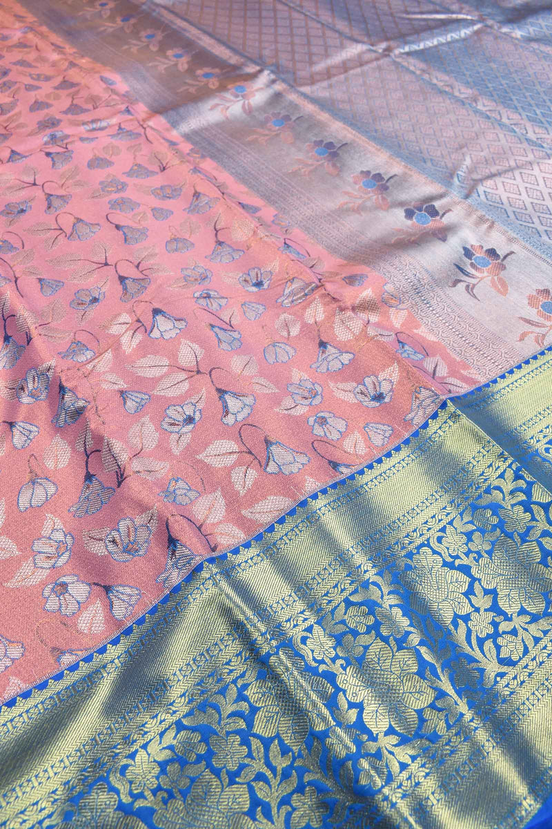 Baby Pink Semi Silk Fancy Design Contrast Blue Border Bridal Tissue Saree