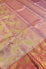 Golden Semi Silk All Over Floral Jacquard Contrast Red Border Bridal Tissue Saree