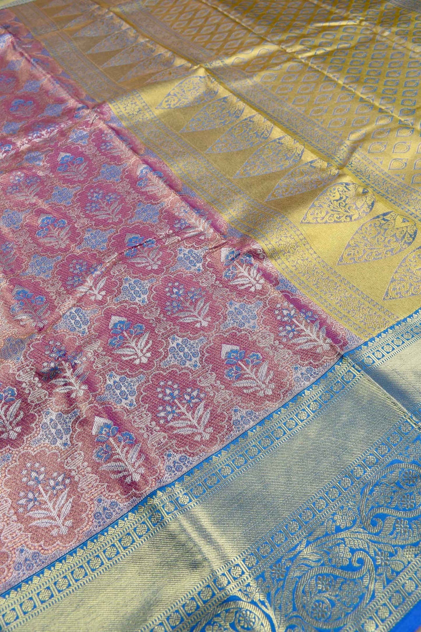 Light Pink Semi Silk All Over Jacquard Contrast Blue Paisely Border Bridal Tissue Saree