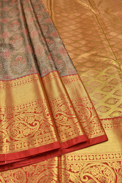 Leaf Brown Semi Silk All Over Leaf Design Contrast Paisely Border Bridal Tissue Saree