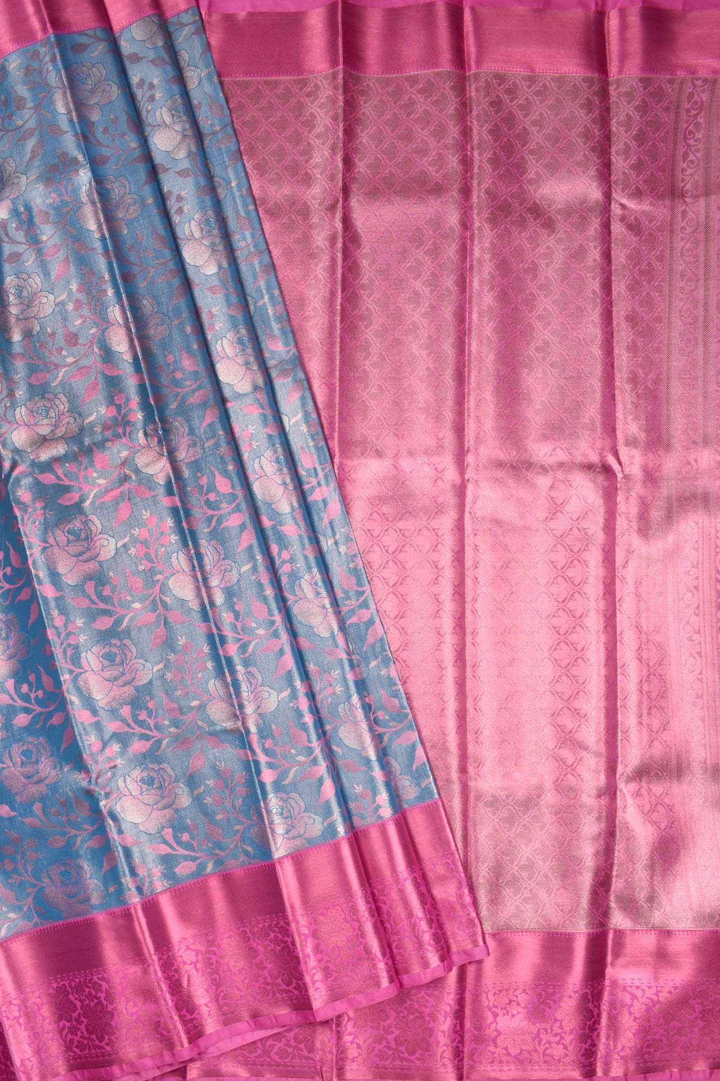 Sky Blue Semi Silk Rose Jacquard Contrast Pink Border Bridal Tissue Saree