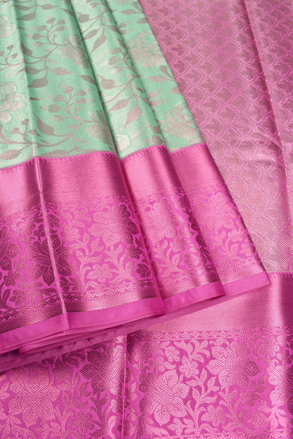 Mint Green Semi Silk All over Design Contrast Pink Border Bridal Tissue Saree