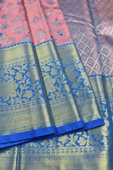 Baby Pink Semi Silk Fancy Design Contrast Blue Border Bridal Tissue Saree