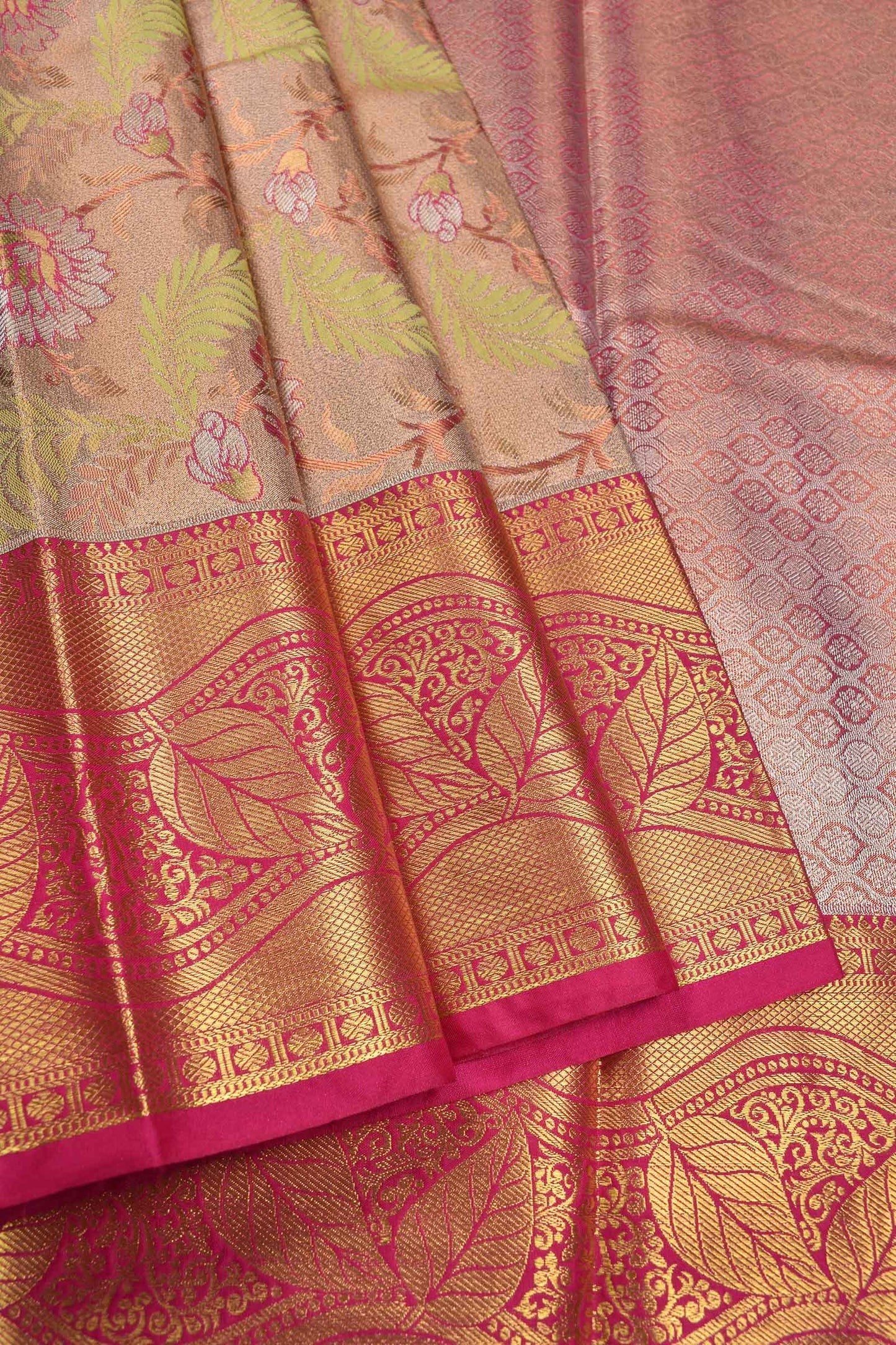 Golden Semi Silk All Over Floral Jacquard Contrast Red Border Bridal Tissue Saree