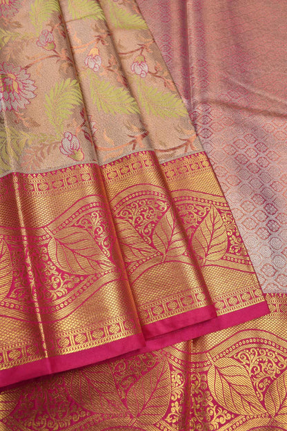 Golden Semi Silk All Over Floral Jacquard Contrast Red Border Bridal Tissue Saree