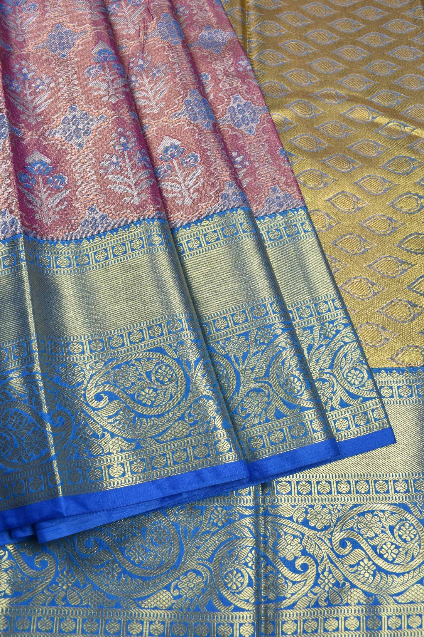 Light Pink Semi Silk All Over Jacquard Contrast Blue Paisely Border Bridal Tissue Saree