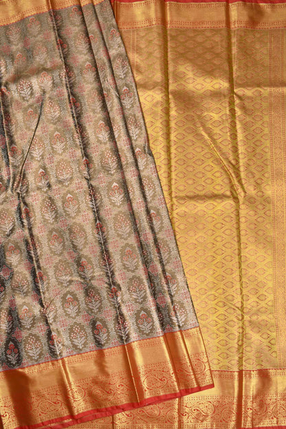 Leaf Brown Semi Silk All Over Leaf Design Contrast Paisely Border Bridal Tissue Saree