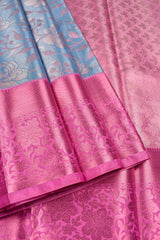 Sky Blue Semi Silk Rose Jacquard Contrast Pink Border Bridal Tissue Saree