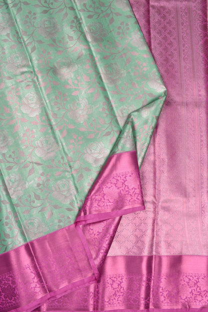 Mint Green Semi Silk All over Design Contrast Pink Border Bridal Tissue Saree