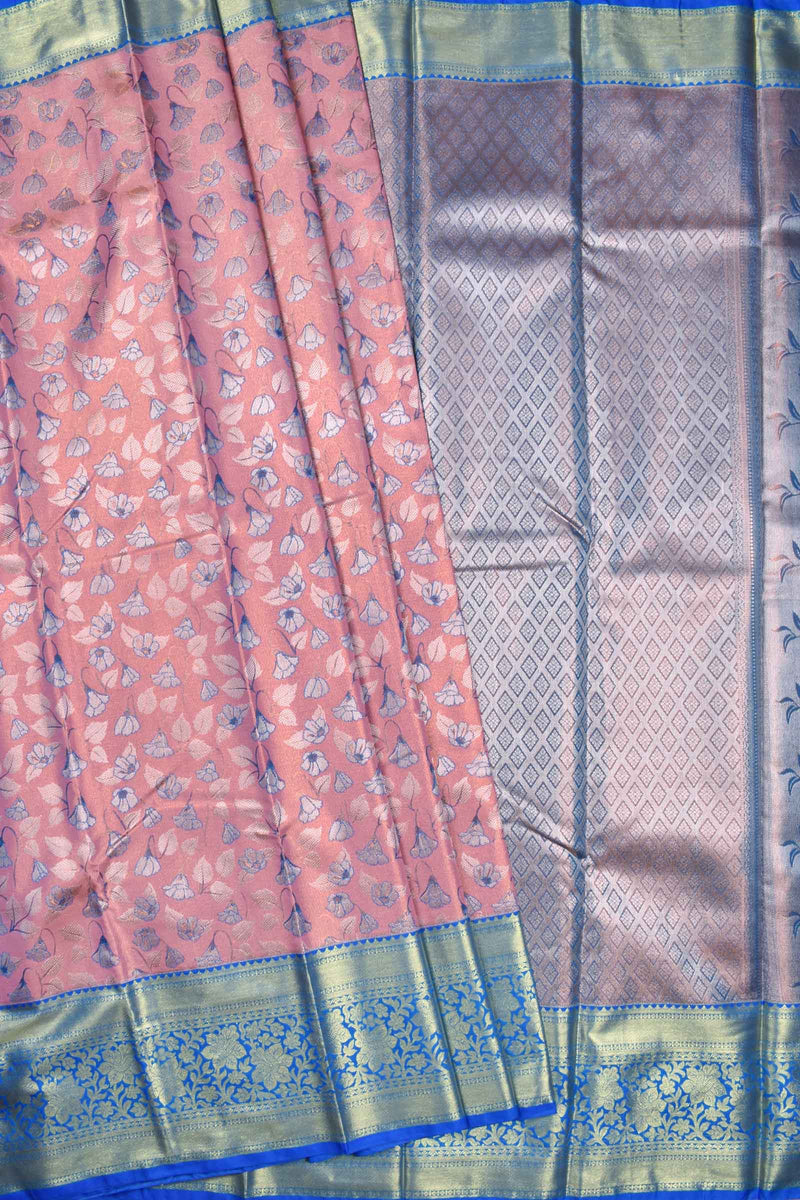 Baby Pink Semi Silk Fancy Design Contrast Blue Border Bridal Tissue Saree