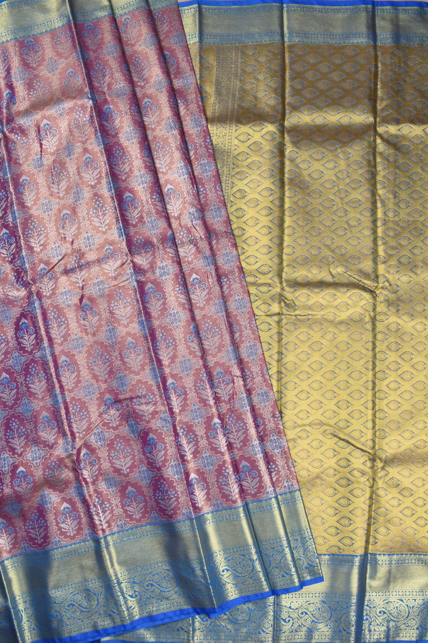 Light Pink Semi Silk All Over Jacquard Contrast Blue Paisely Border Bridal Tissue Saree