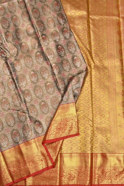 Leaf Brown Semi Silk All Over Leaf Design Contrast Paisely Border Bridal Tissue Saree