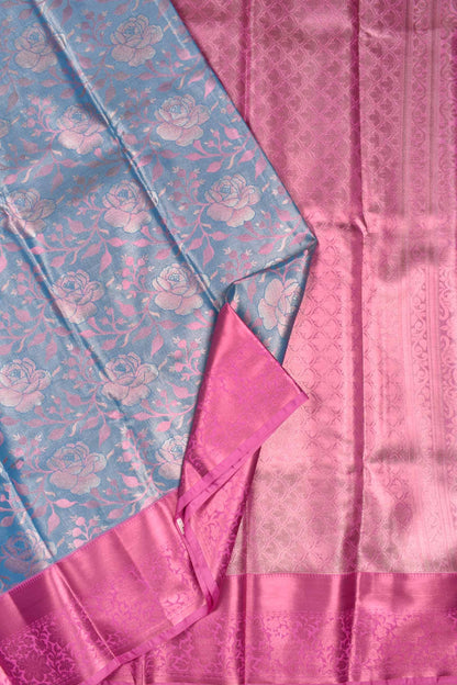 Sky Blue Semi Silk Rose Jacquard Contrast Pink Border Bridal Tissue Saree