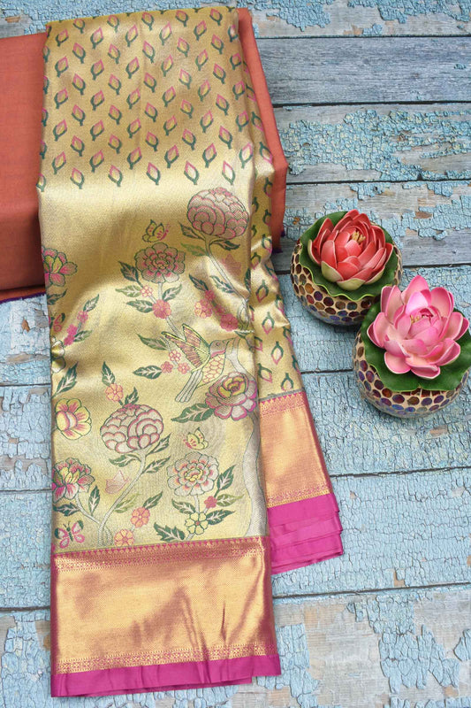 Golden Semi Silk Leaves and Floral Garden Jacquard Pink Border Bridal Tissue Saree