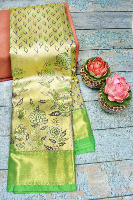 Light Green Semi Silk Fancy Leaf Floral Jacquard Bridal Tissue Saree