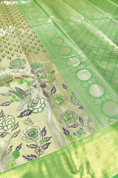 Light Green Semi Silk Fancy Leaf Floral Jacquard Bridal Tissue Saree