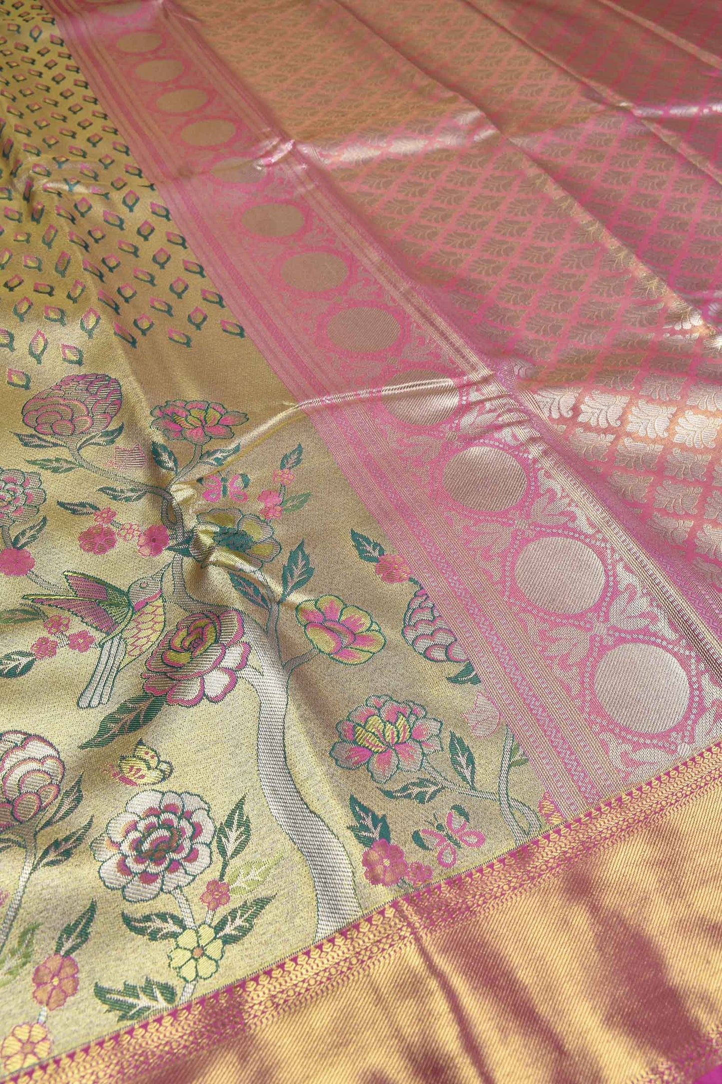 Golden Semi Silk Leaves and Floral Garden Jacquard Pink Border Bridal Tissue Saree