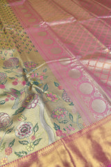 Golden Semi Silk Leaves and Floral Garden Jacquard Pink Border Bridal Tissue Saree