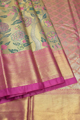 Golden Semi Silk Leaves and Floral Garden Jacquard Pink Border Bridal Tissue Saree