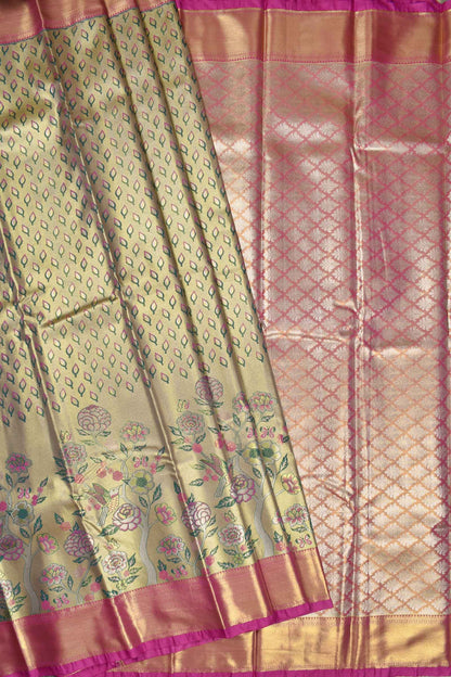 Golden Semi Silk Leaves and Floral Garden Jacquard Pink Border Bridal Tissue Saree