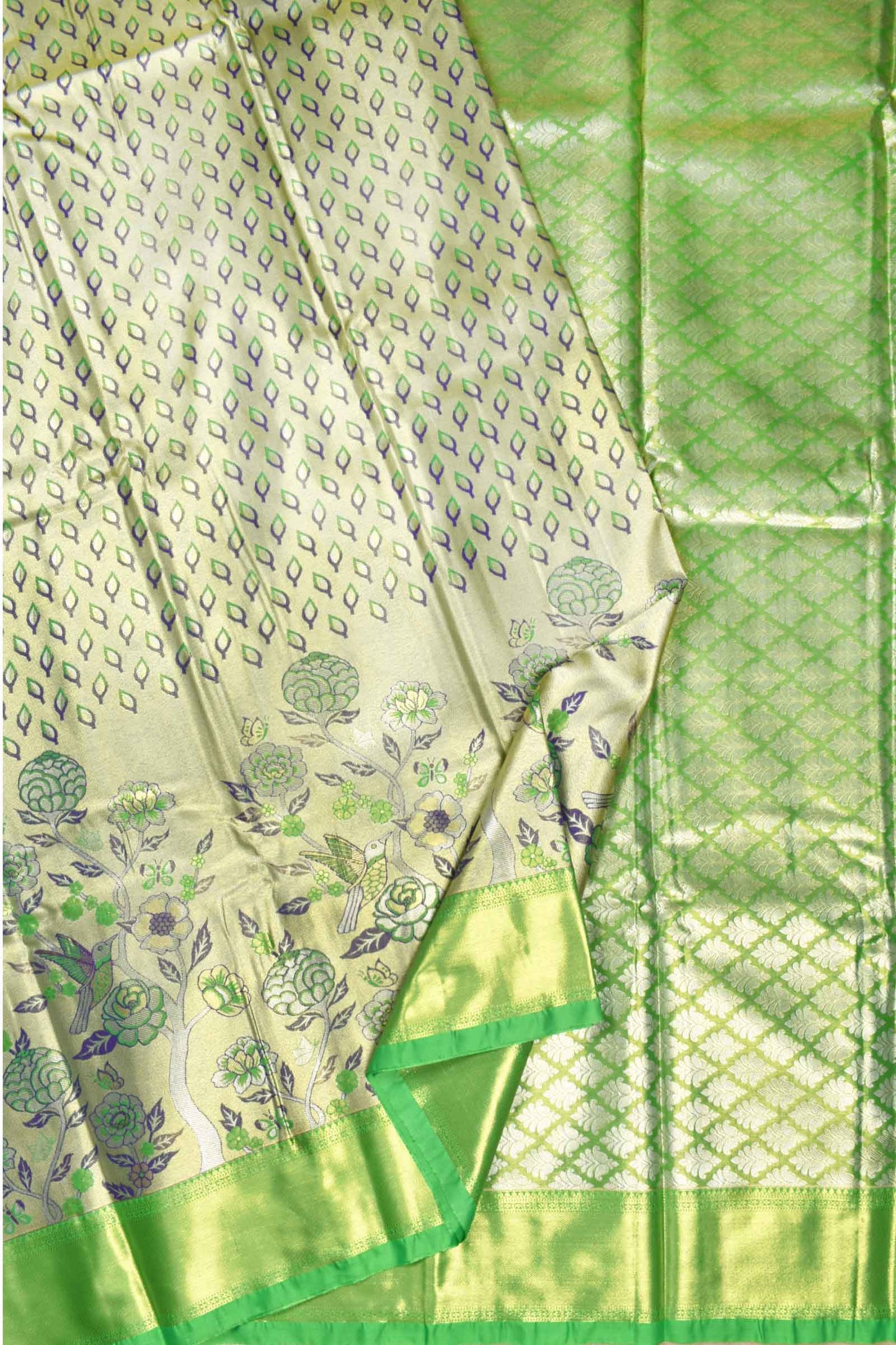 Light Green Semi Silk Fancy Leaf Floral Jacquard Bridal Tissue Saree