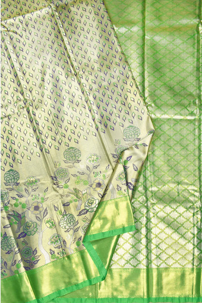 Light Green Semi Silk Fancy Leaf Floral Jacquard Bridal Tissue Saree