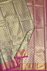 Golden Semi Silk Leaves and Floral Garden Jacquard Pink Border Bridal Tissue Saree