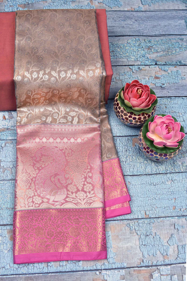 Grey Semi Silk All Over Intricate Design Contrast Pink Peacock Border Bridal Tissue Saree