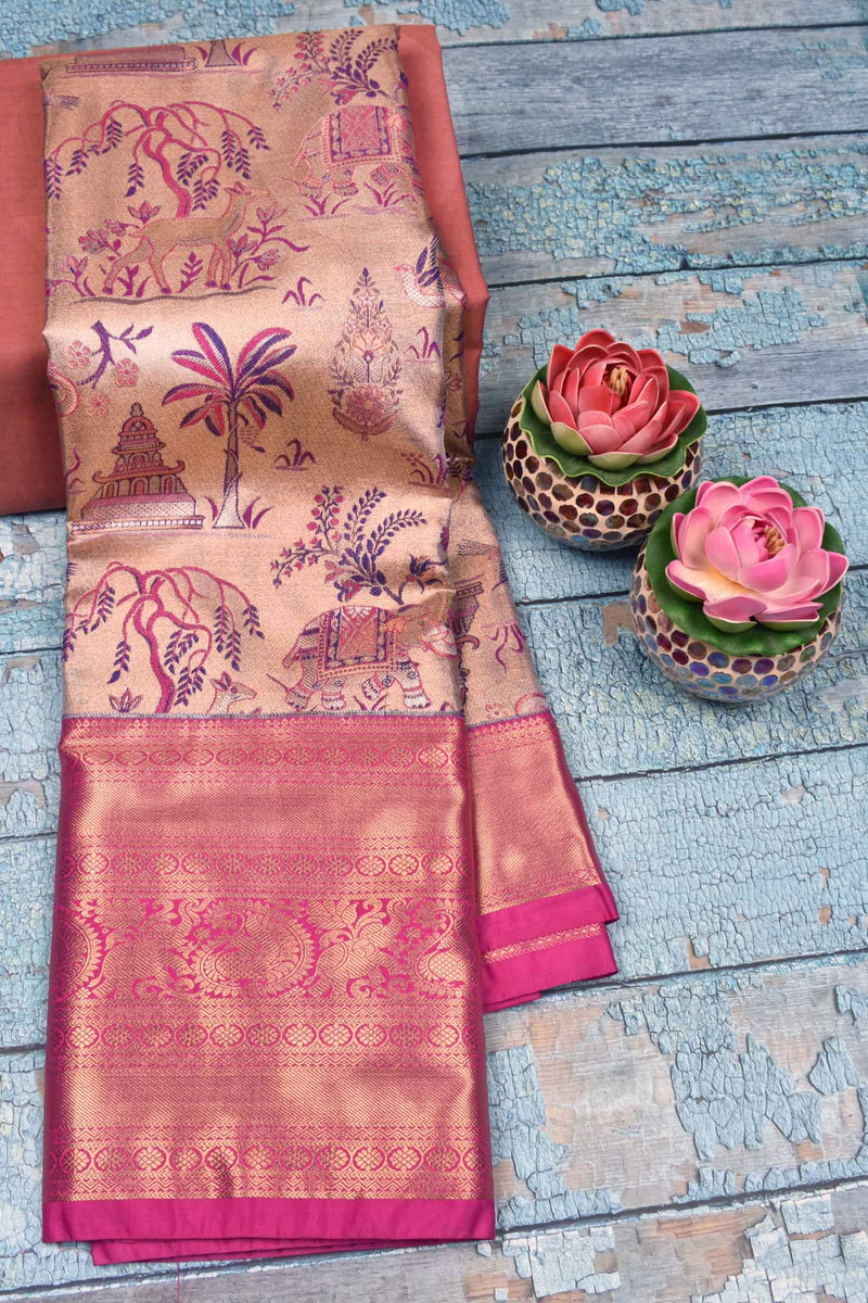 Light Pink Semi Silk Temple Design Peacock Border Bridal Tissue Saree