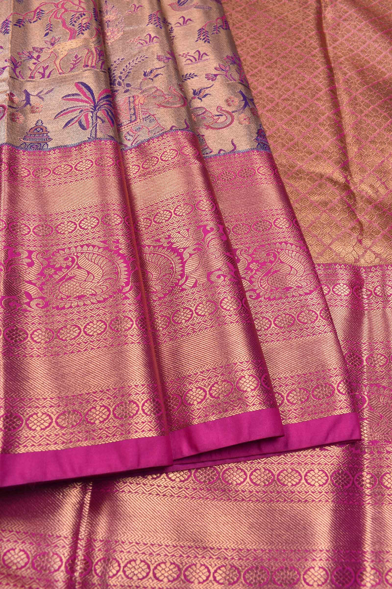 Light Pink Semi Silk Temple Design Peacock Border Bridal Tissue Saree