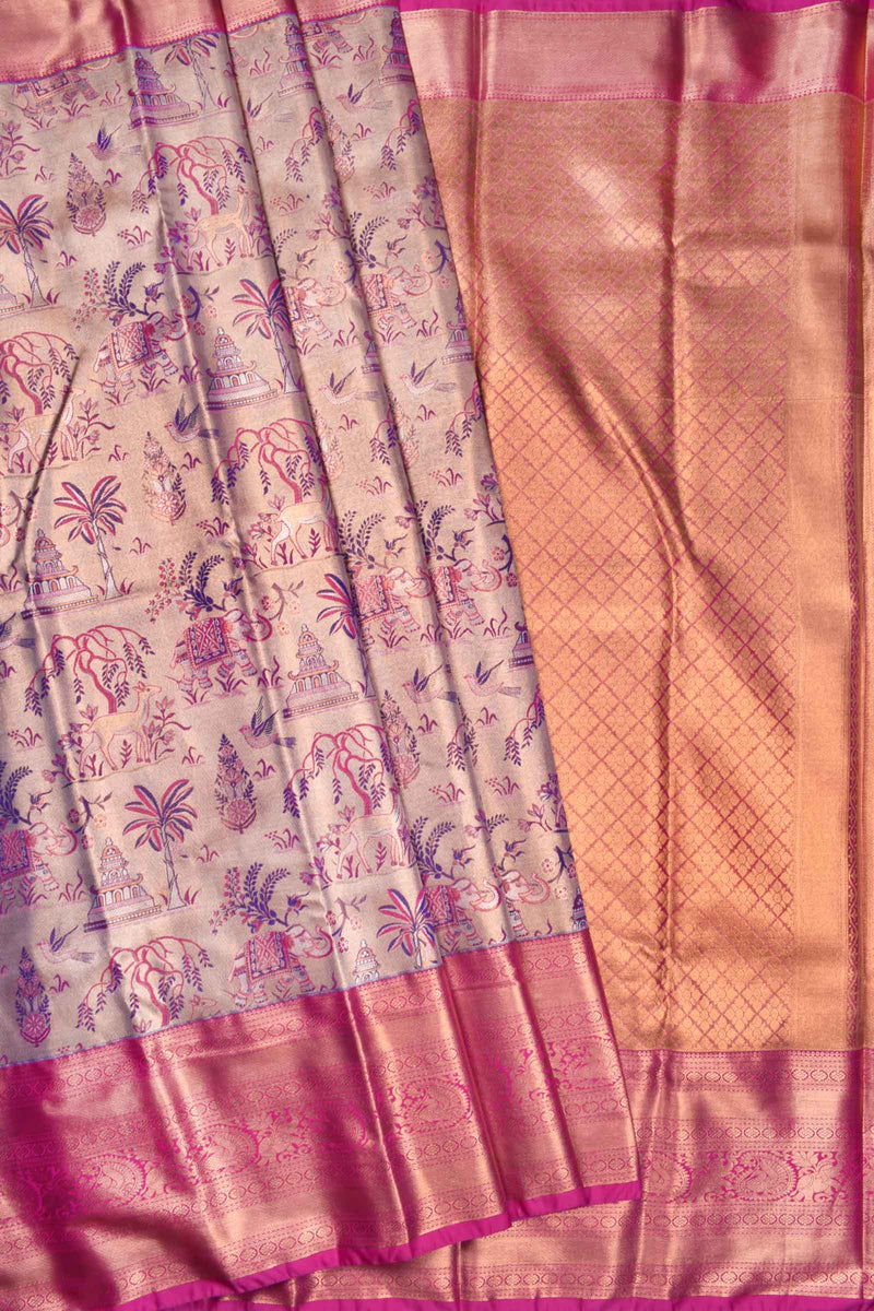 Light Pink Semi Silk Temple Design Peacock Border Bridal Tissue Saree