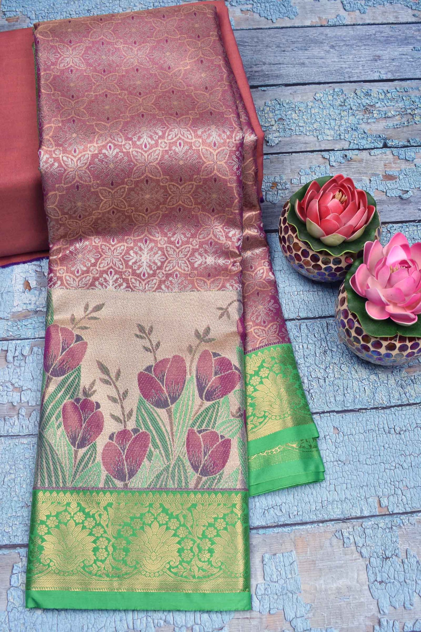 Light Violet Semi Silk Fancy Florals Contrast Green Border Bridal Tissue Saree