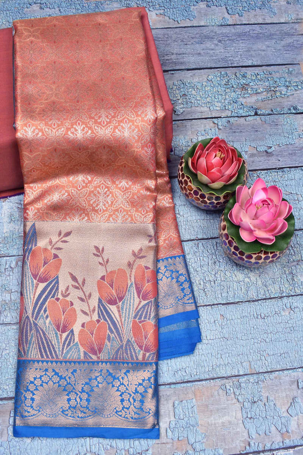 Light Orange Semi Silk All Over Jacquard Fancy Florals Contrast Border Bridal Tissue Saree