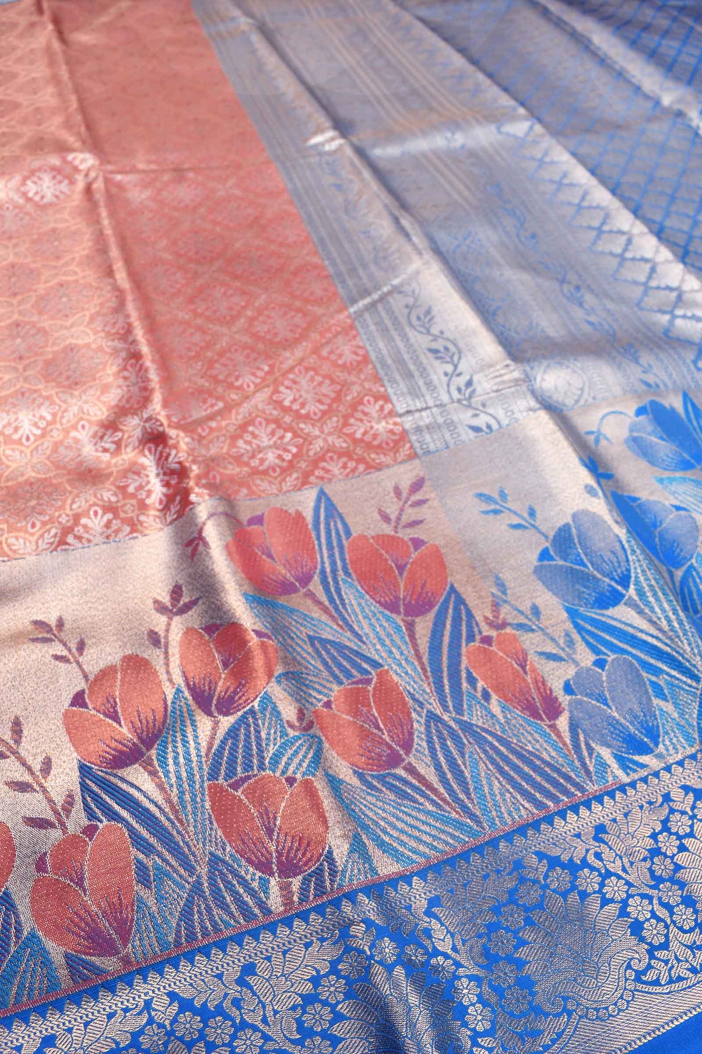 Light Orange Semi Silk All Over Jacquard Fancy Florals Contrast Border Bridal Tissue Saree