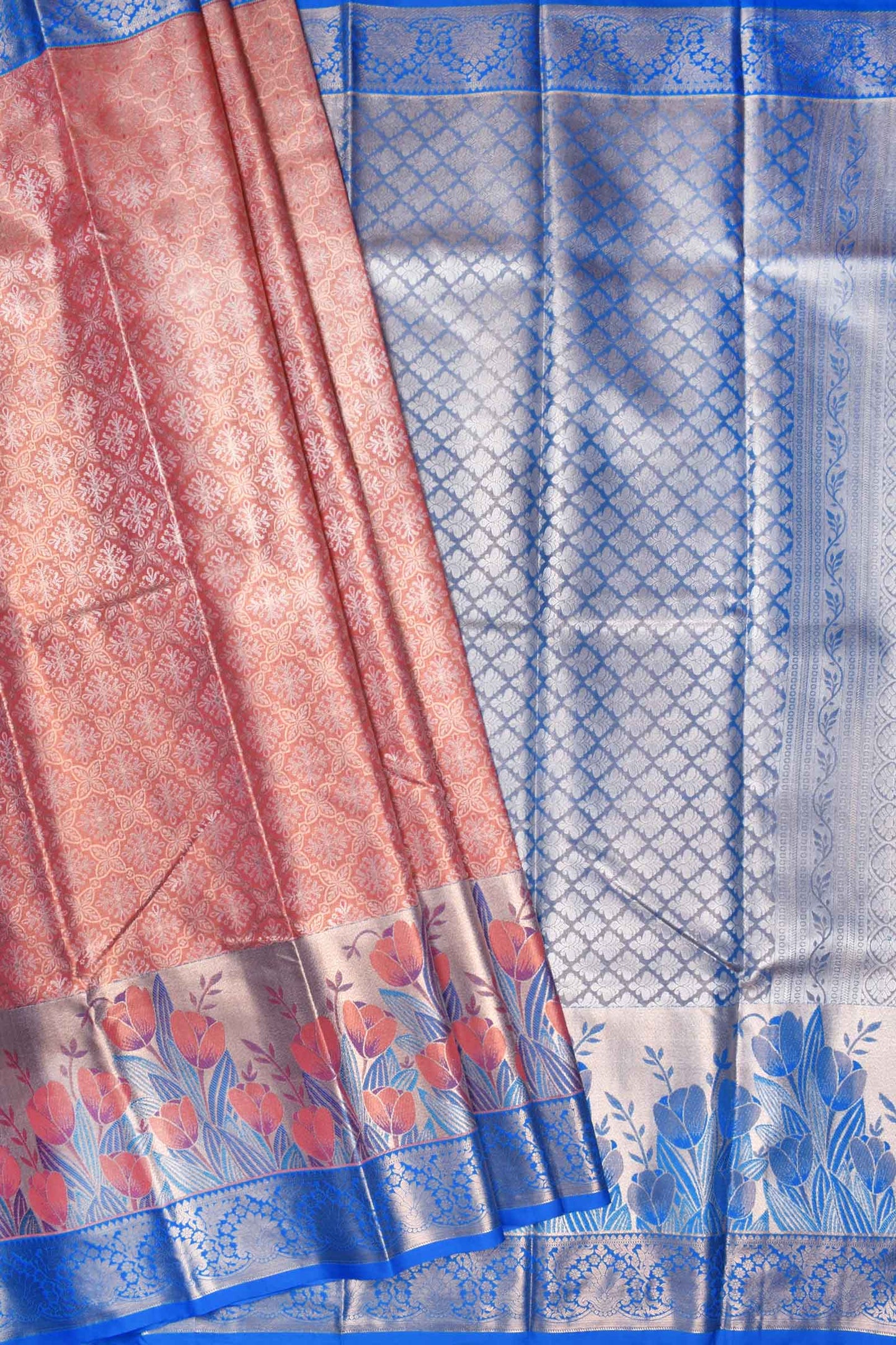 Light Orange Semi Silk All Over Jacquard Fancy Florals Contrast Border Bridal Tissue Saree