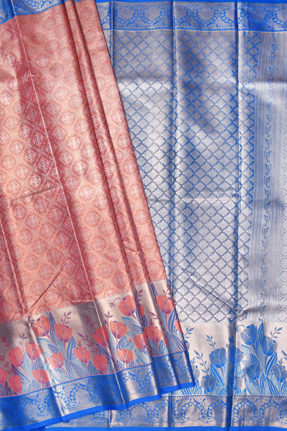 Light Orange Semi Silk All Over Jacquard Fancy Florals Contrast Border Bridal Tissue Saree