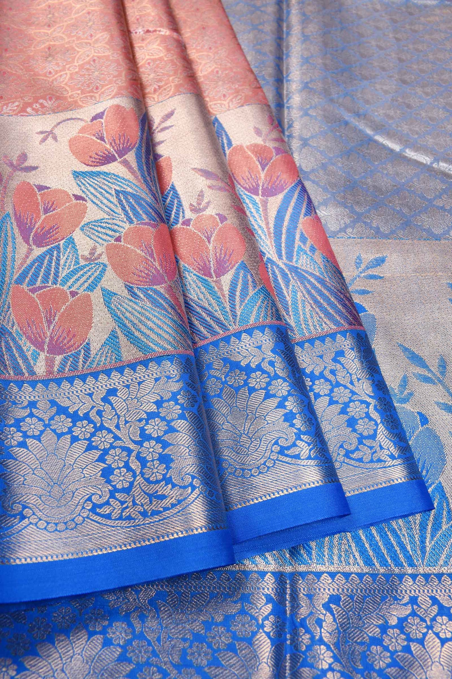 Light Orange Semi Silk All Over Jacquard Fancy Florals Contrast Border Bridal Tissue Saree