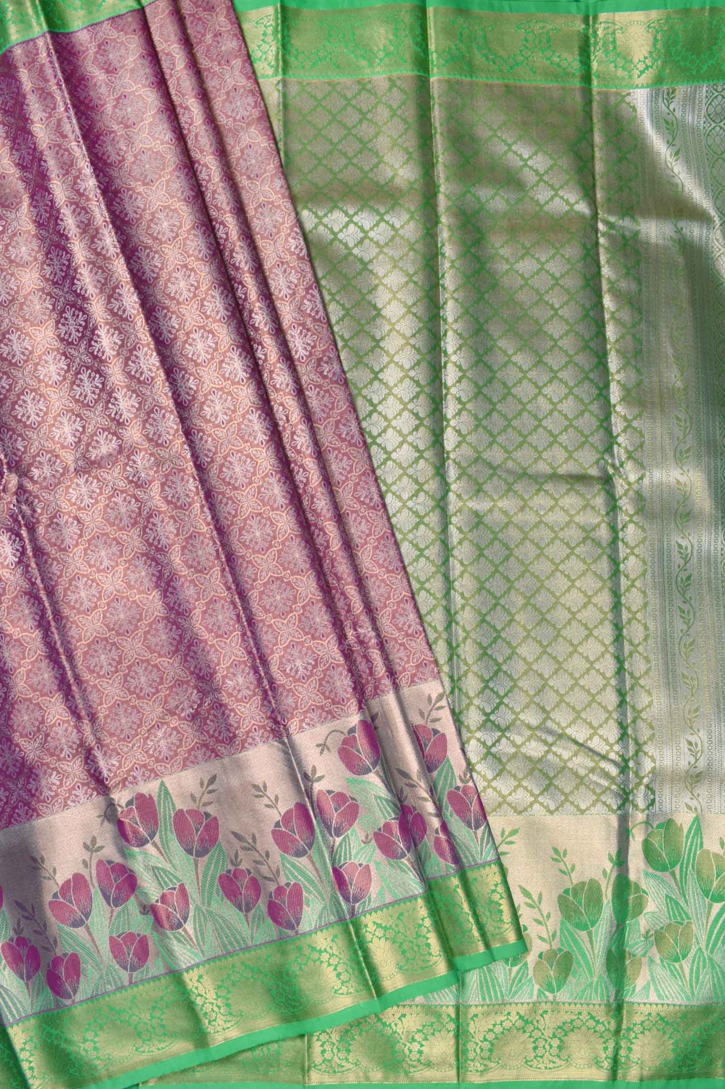 Light Violet Semi Silk Fancy Florals Contrast Green Border Bridal Tissue Saree