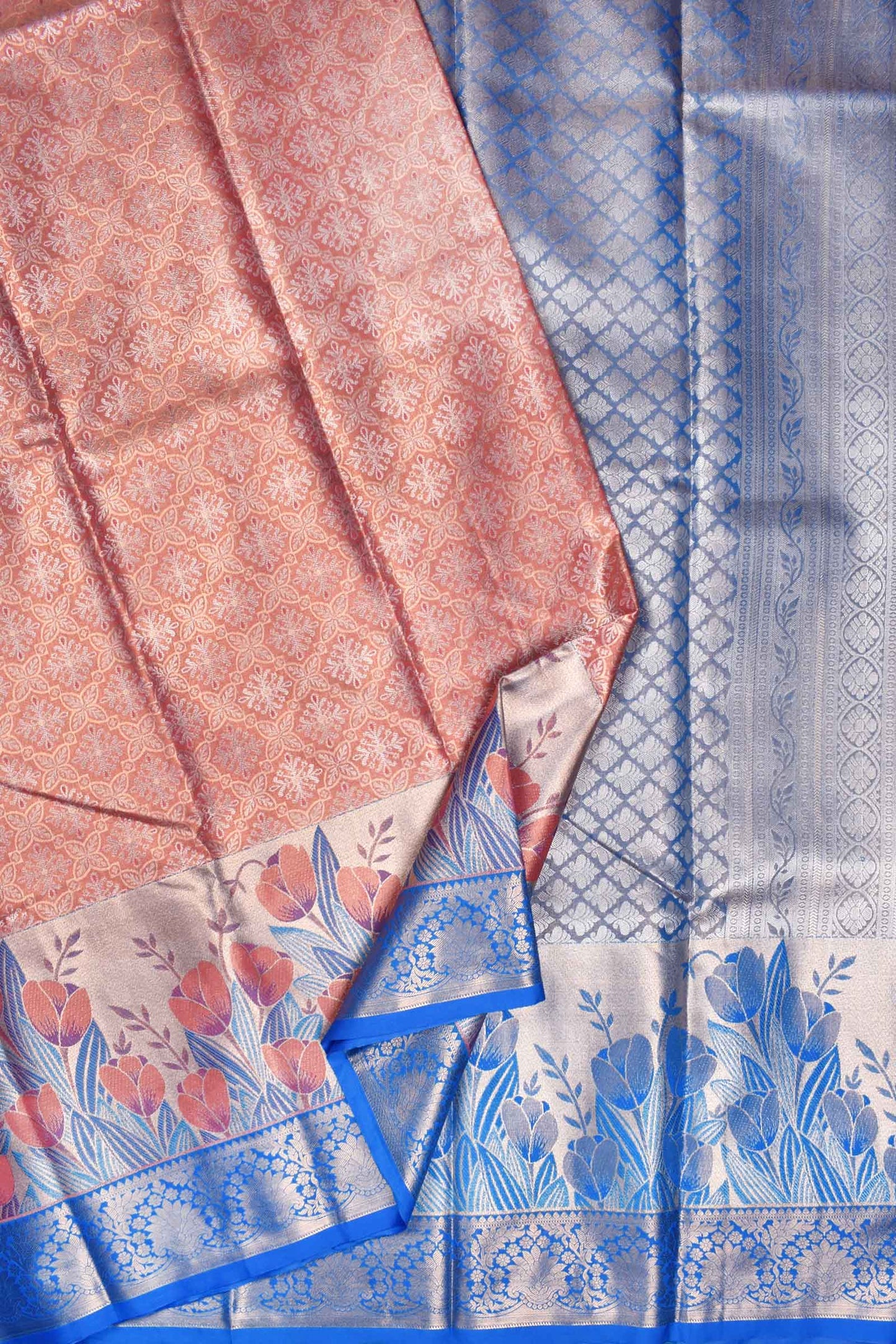 Light Orange Semi Silk All Over Jacquard Fancy Florals Contrast Border Bridal Tissue Saree