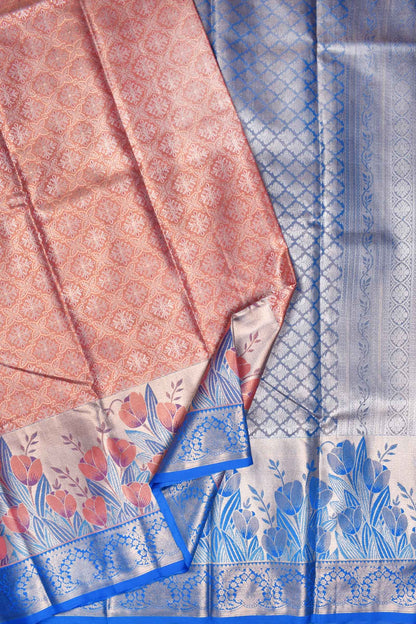 Light Orange Semi Silk All Over Jacquard Fancy Florals Contrast Border Bridal Tissue Saree